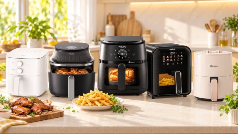 เปรียบเทียบหม้อทอดไร้น้ำมัน 5 รุ่นยอดนิยม Philips NA220, NA331, Tefal, Xiaomi และ Simplus บนเคาน์เตอร์ครัว