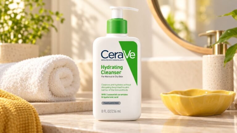 CeraVe Hydrating Cleanser ขวด 236 มล. บนชั้นในห้องน้ำ