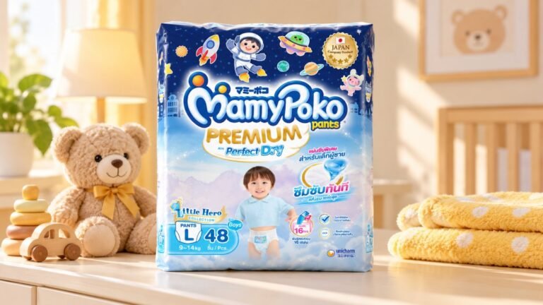 ผ้าอ้อม MamyPoko Pants Premium Aim Perfect Dry บนตู้ในห้องเด็ก