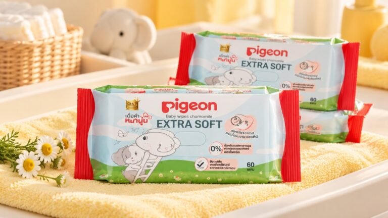 ทิชชู่เปียก Pigeon Baby Wipes คาโมมายล์ บนโต๊ะเปลี่ยนผ้าอ้อม