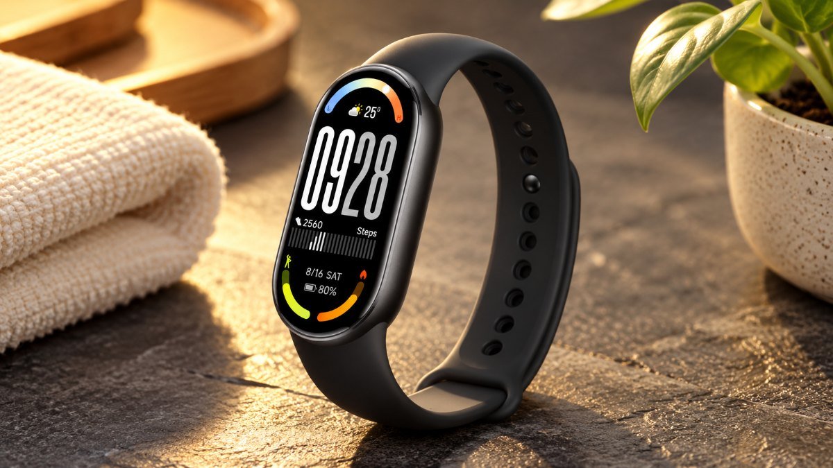 Xiaomi Smart Band 10 สี Midnight Black บนพื้นหินสีเข้ม